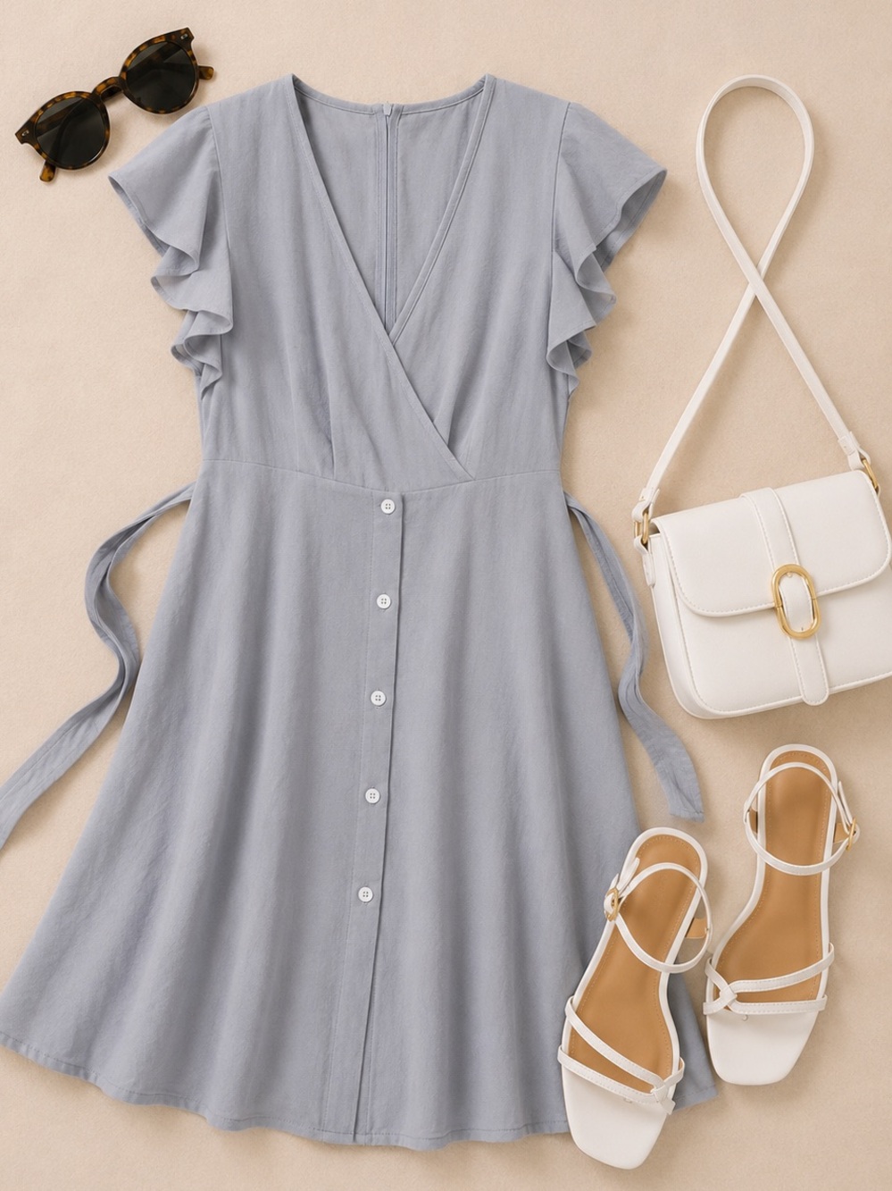 Light Gray Button-Front Flutter Sleeve Dress with tie